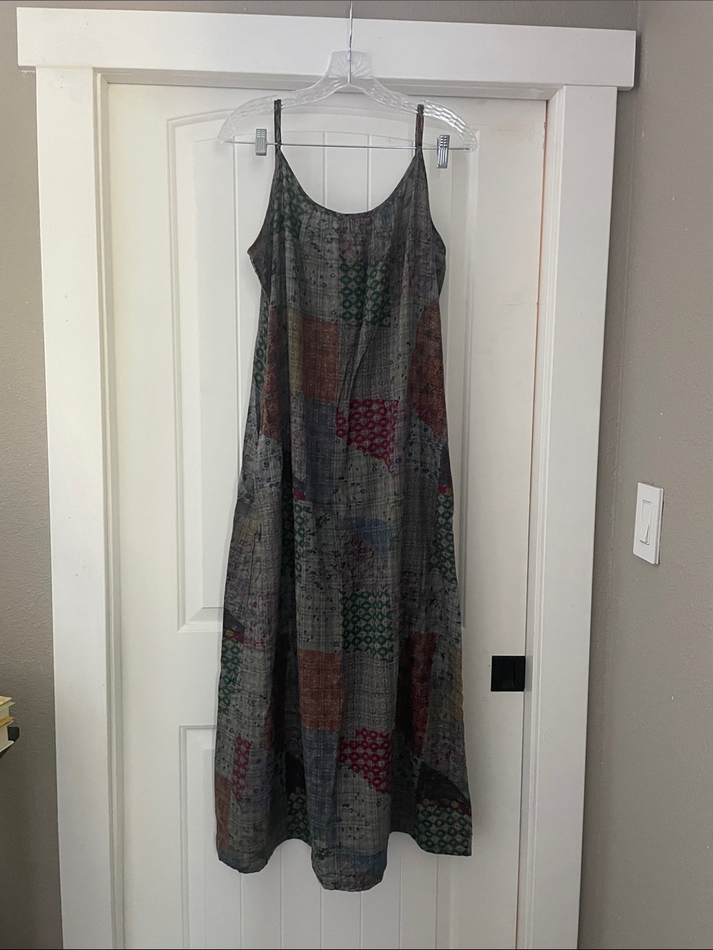 Sleeveless Patchwork Maxi Dress in Gray with Multicolor Accents